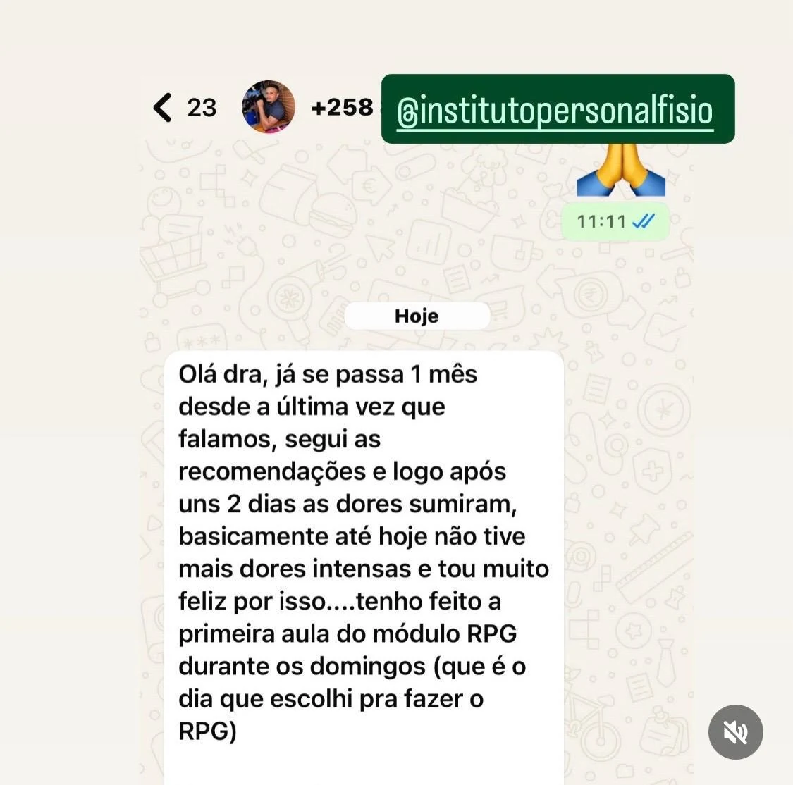Mensagem de paciente relatando melhora das dores
