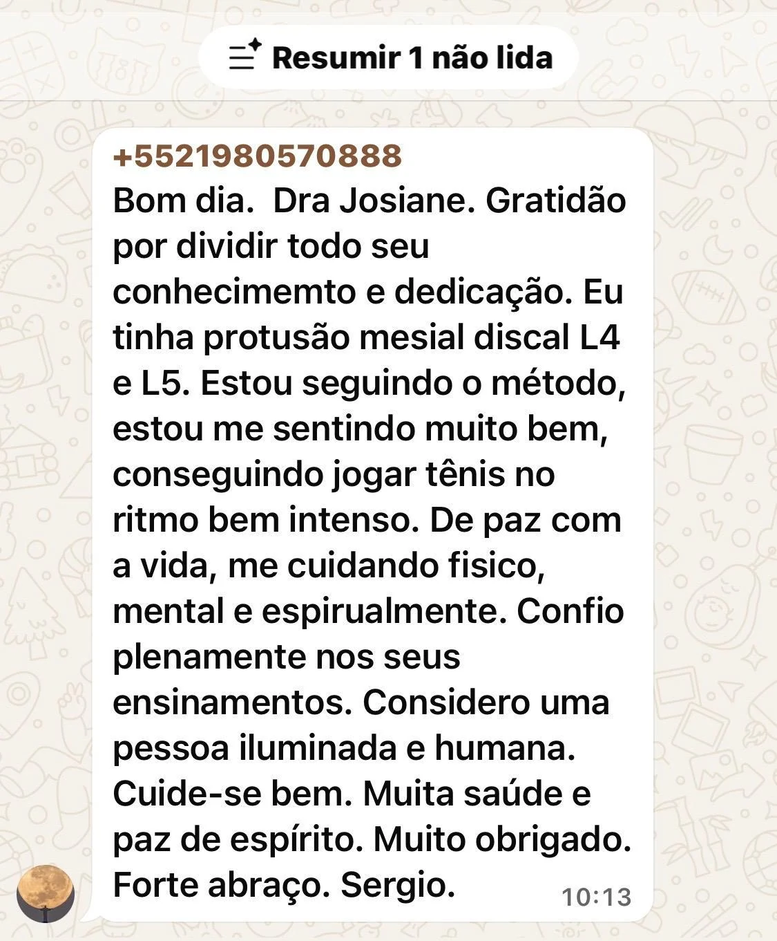 Mensagem de paciente sobre qualidade de vida