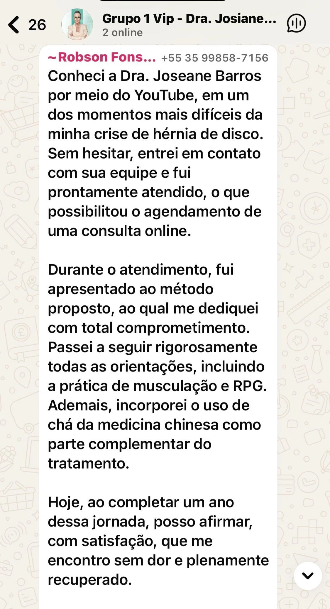 Mensagem de paciente sobre sua recuperação