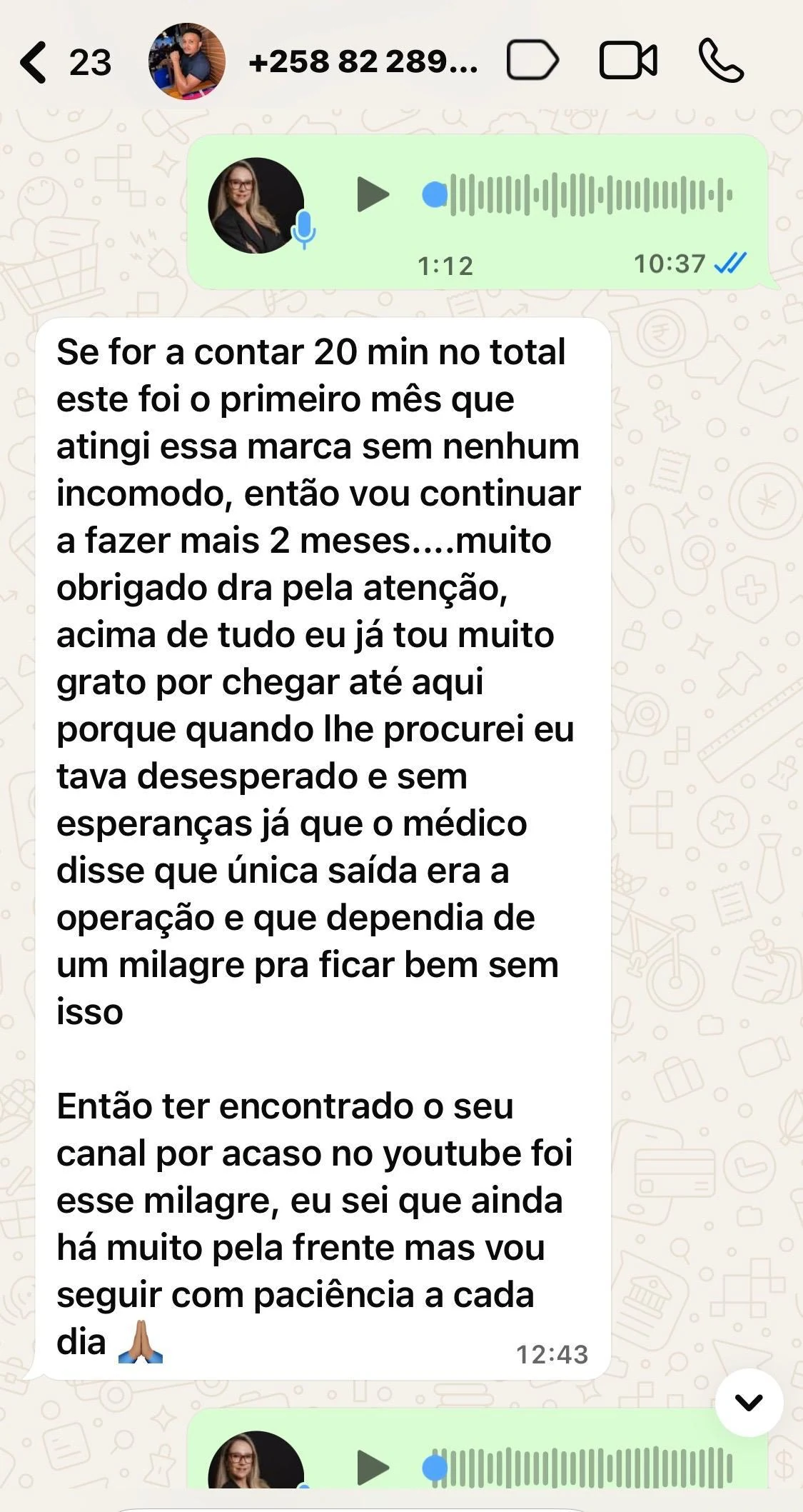 Mensagem de paciente agradecendo o acompanhamento
